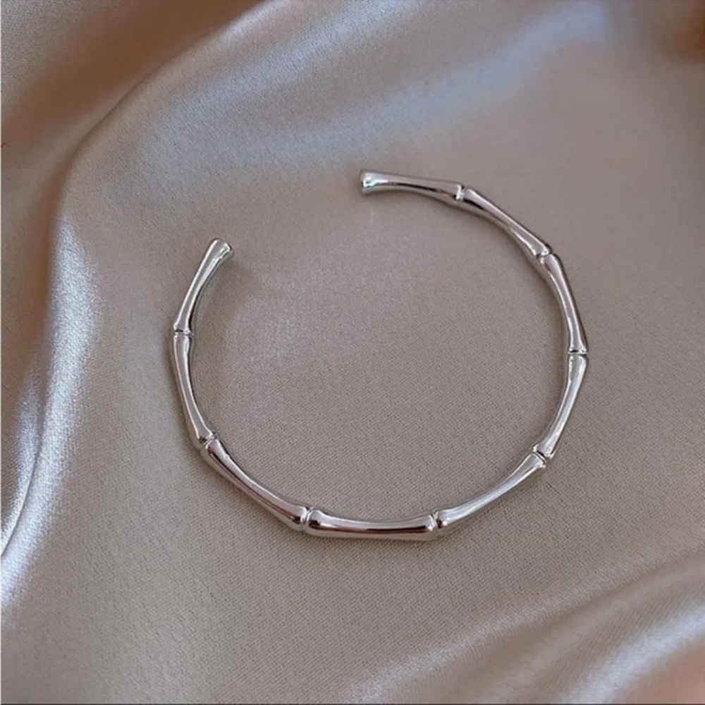 Silver Bamboo Cuff Bracelet Minimalist Open Bangle Modern Jewelry NWT